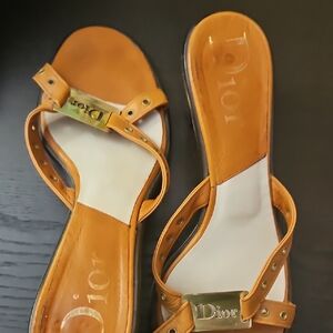 Dior Orange Leather Slide Mules with Gold Plaque